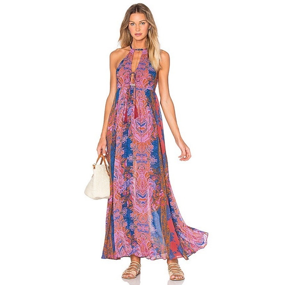 Free People Unattainable Blue Red Paisley Print Halter Flowy Maxi Dress Size 0
